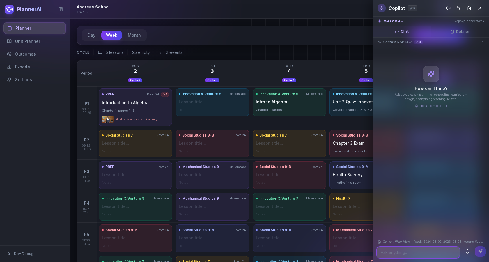 Planlark AI copilot understanding a teacher's schedule and making intelligent suggestions