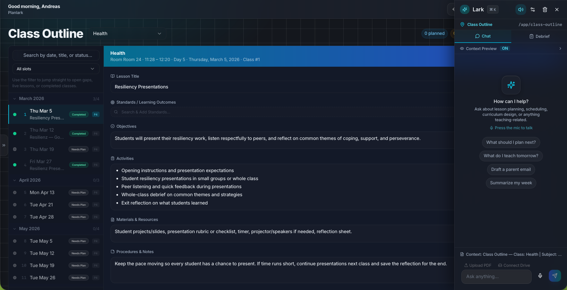 Planlark class outline page with class notes, materials, and student sharing controls