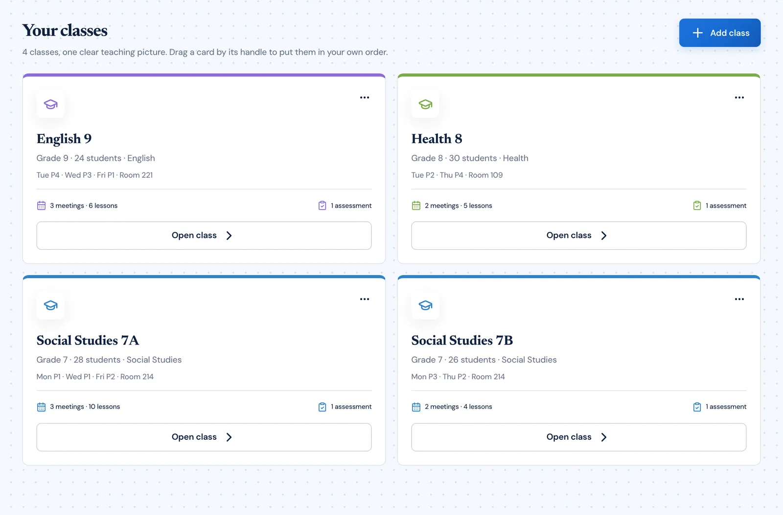 The PlanLark classes view showing four classes with their subjects, grades, meeting times and rooms