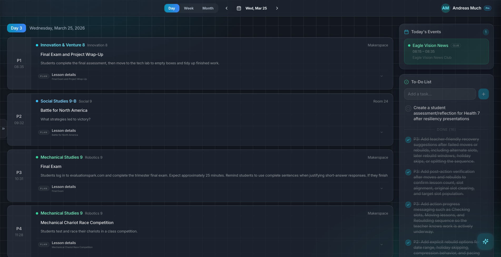 Planlark daily planner view used for day-start class and event context
