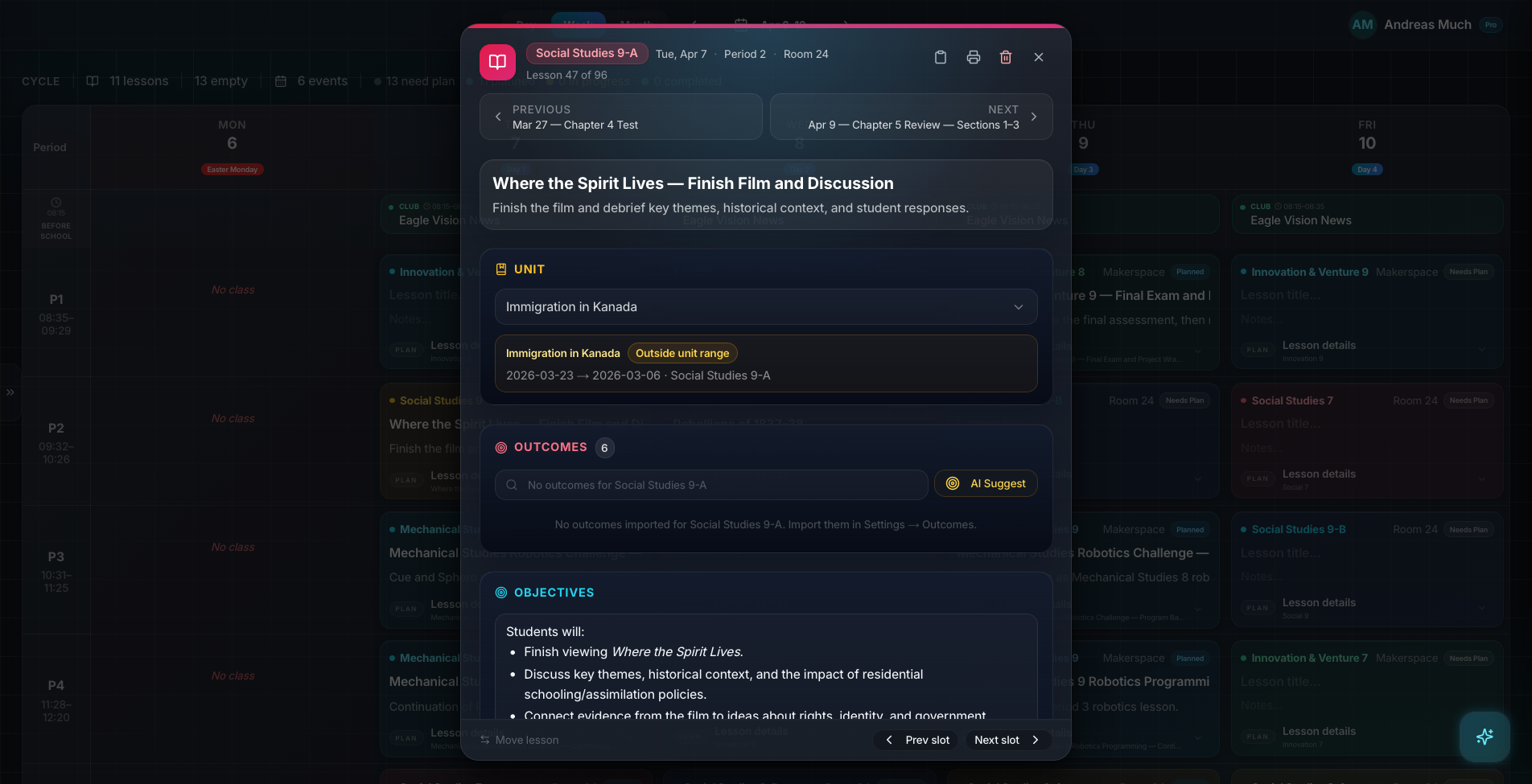Planlark planning workspace showing structured lesson content and linked classroom materials