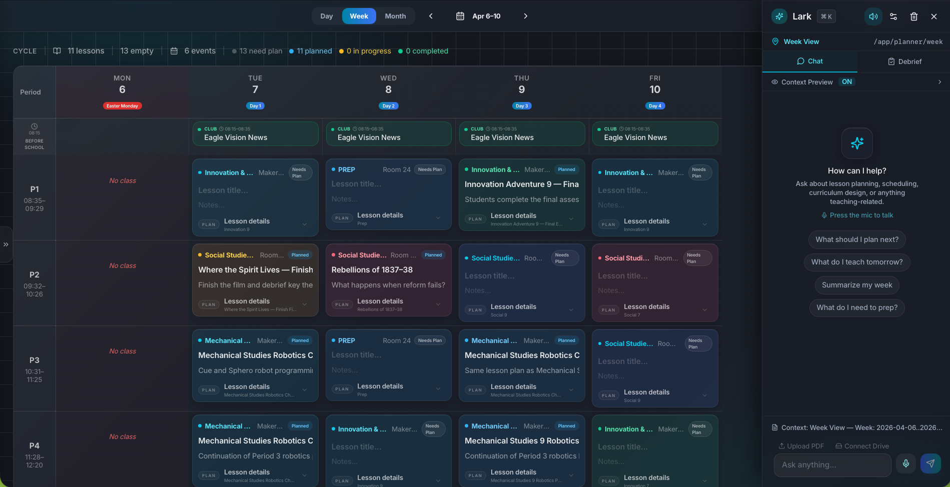 Planlark Lark AI assistant with visible planning context and action controls