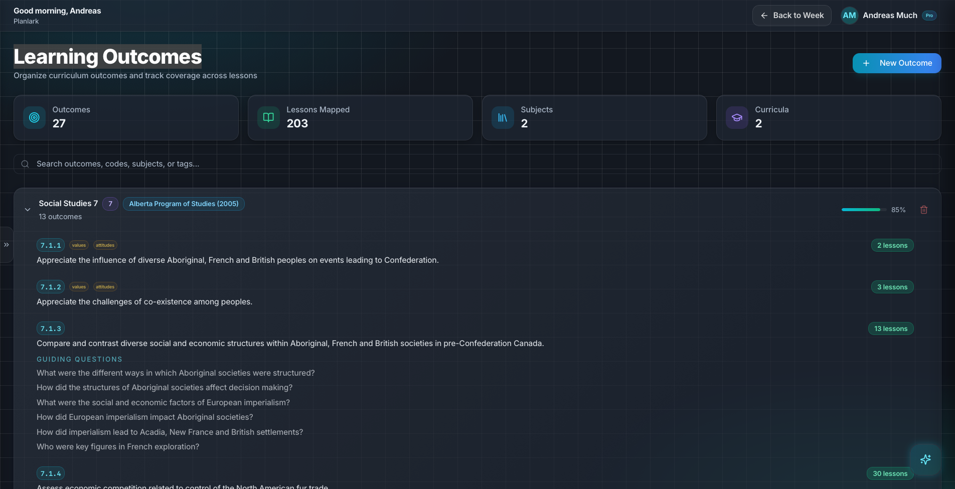 Planlark curriculum and outcomes workspace showing structured outcomes and coverage tracking