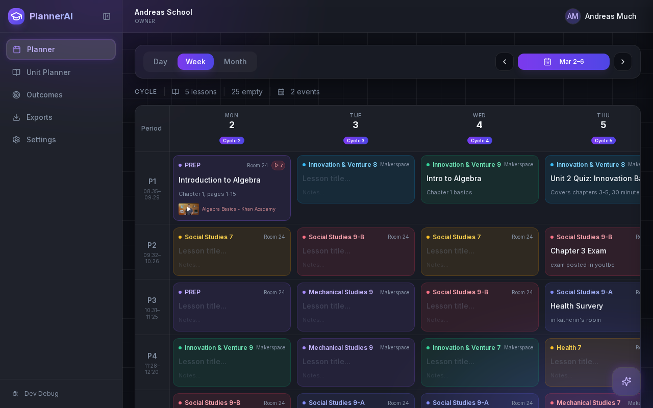 Planlark lesson studio drawer with objectives, activities, resources, and notes