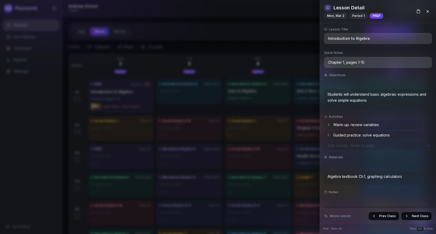Lesson detail editor with objectives, materials, and AI suggestions