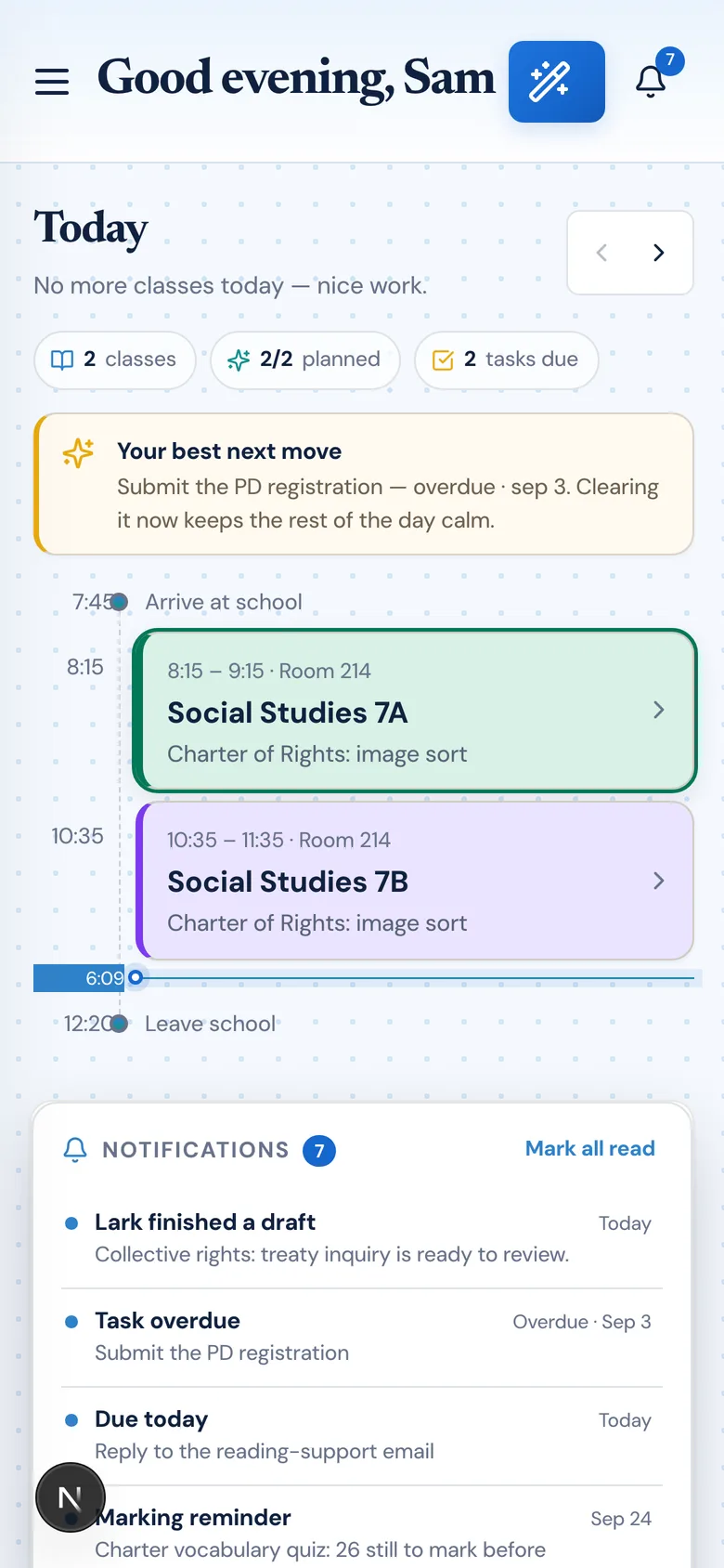 PlanLark on a phone showing the Today view with the teaching day and the classes on it