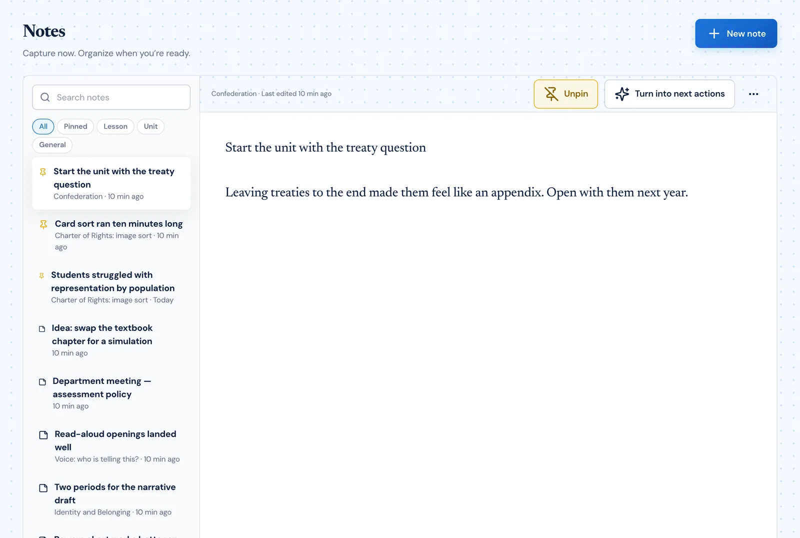 The PlanLark Notes view with filters for pinned, lesson, unit and general notes, and one note open for editing