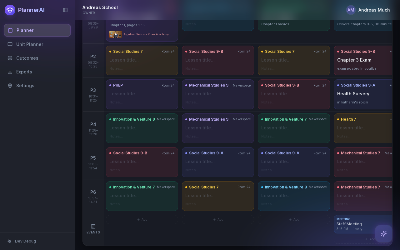 Planlark planner view showing multiple lesson cells across days and classes