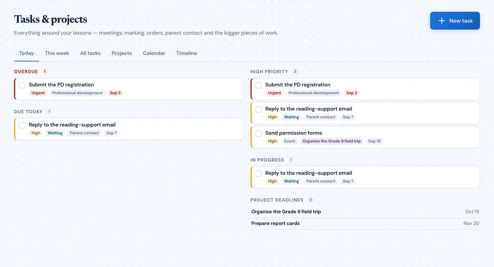The PlanLark task manager listing teacher tasks with priorities, due dates and categories