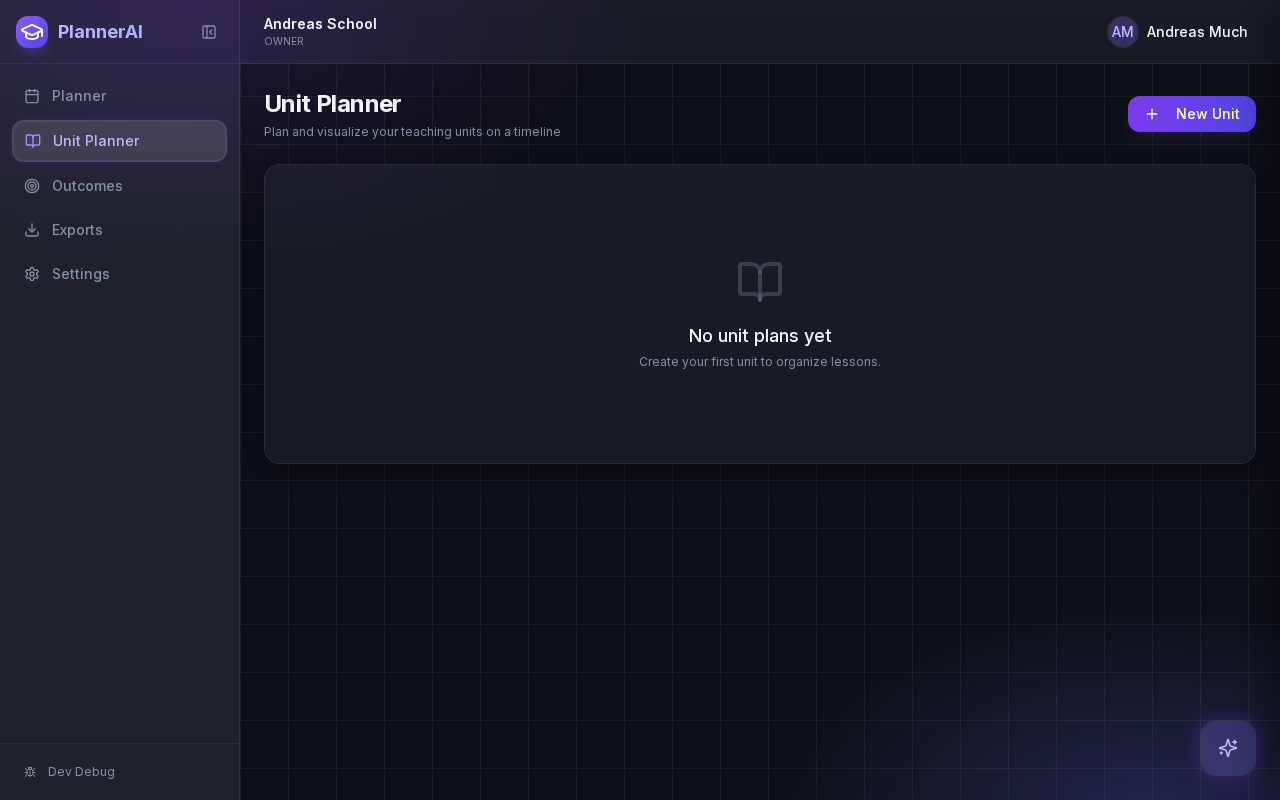 Planlark unit planner timeline with units across subjects and calendar dates