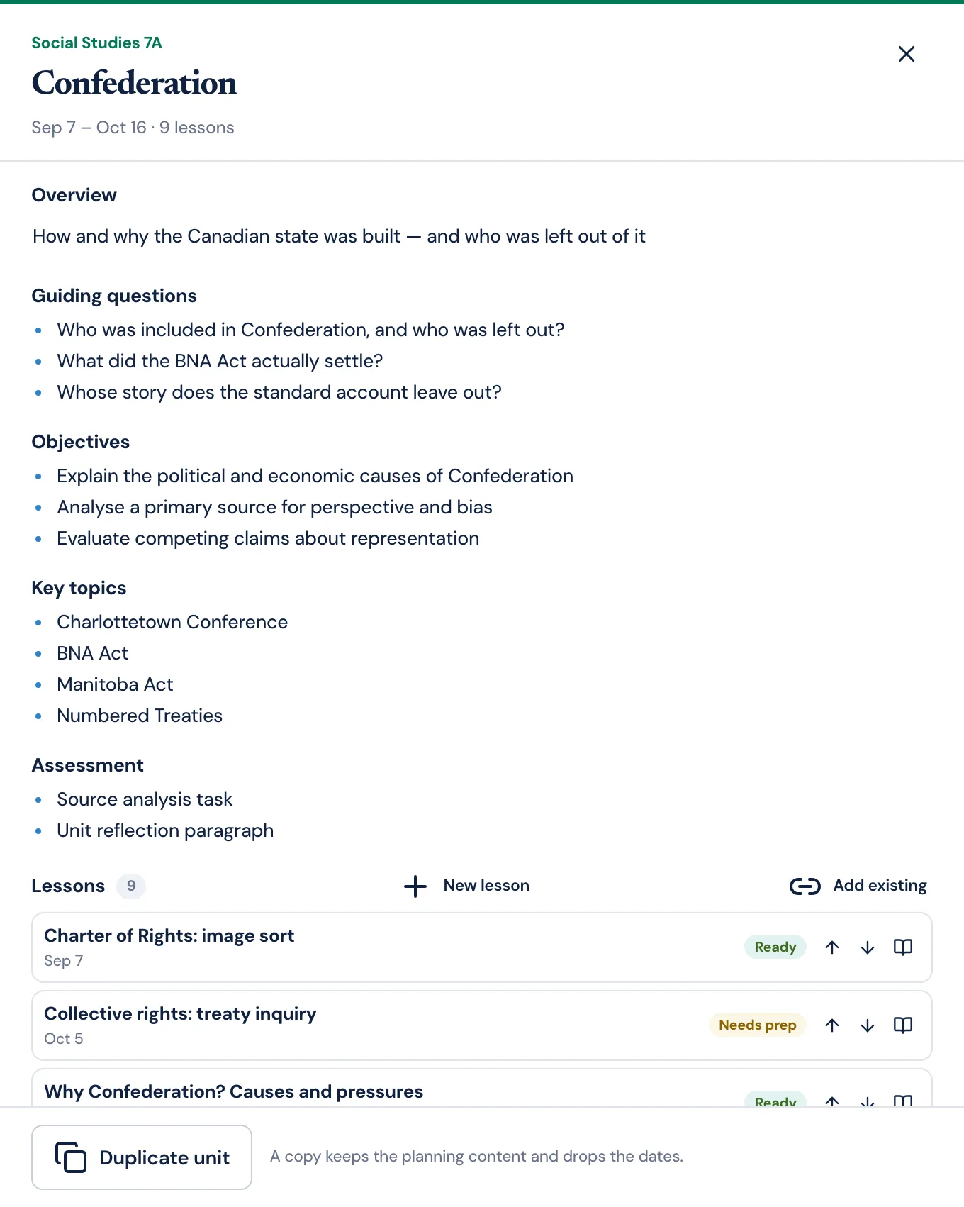 The PlanLark unit workspace for a Confederation unit, showing its overview, guiding questions, objectives, key topics, assessment and its ordered list of lessons with preparation badges